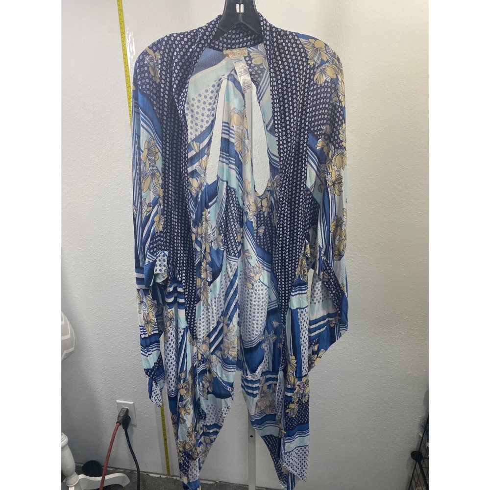 Free People Morning Glory Kimono Blue Floral Mixed Print‎ Cutout Back Wrap OS